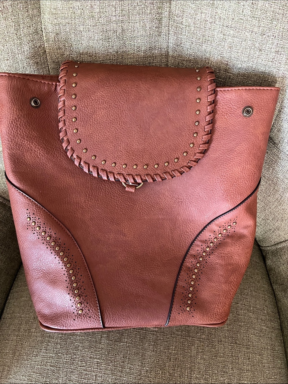 Women's Brown Studded Braided-Flap Backpack
